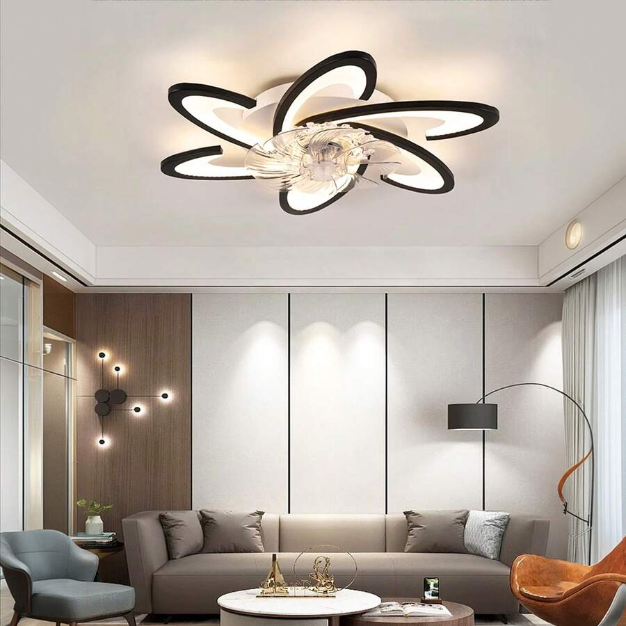 現代 5 環 LED 吸頂扇燈組合,省空間靜音多速吸頂燈,3 色可調風扇燈具,適用於書房、臥室、小客廳 - 彩色 - 查看 1