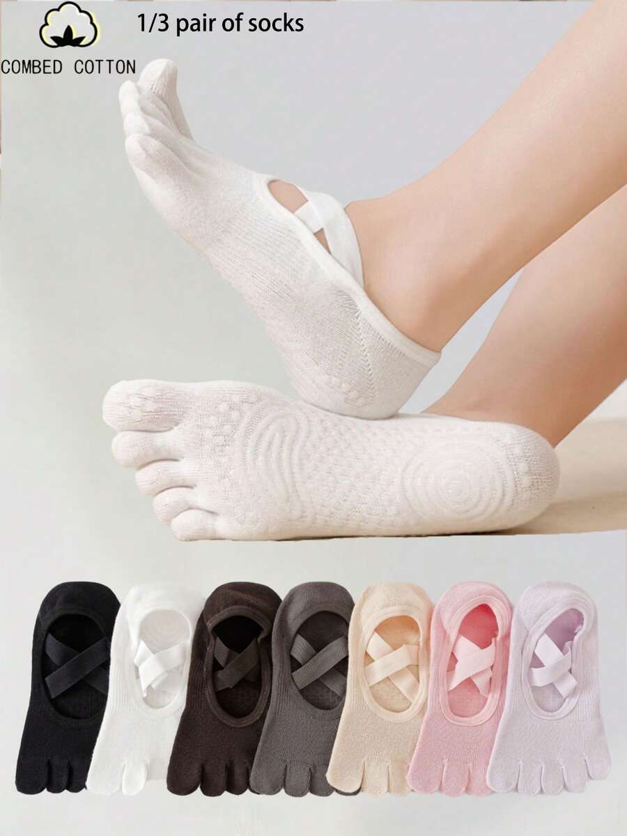 1/3 pares de calcetines de cinco dedos para mujer, calcetines de algodón peinado sin mostrar, calcetines invisibles antideslizantes con tirantes - Multicolor - Ver 1