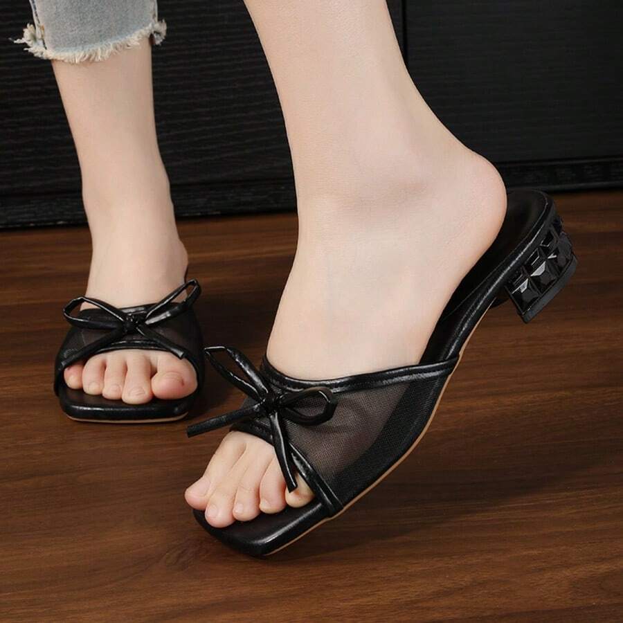 Black Bow Tie Mesh Strap Sandals, Elegant High Heel Slide Sandals For Women, Summer New Arrival - Black - View 1