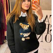 KNITTED BEAR BLOUSE Knit Fabric Plain Contrast Collar Home Night Office Vacation Daily Formal And Evening - Black - View 2