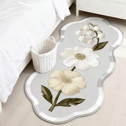 1件灰色和白色不对称花卉图案地毯，铃兰波浪边地毯，装饰卧室床边地毯，可爱创意房间装饰，客厅毛绒地毯，浴室垫，门垫，小地毯，地毯，垫子，家居装饰，区域地毯，户外垫，区域地毯，卧室地毯，可水洗地毯