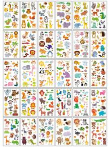 30张卡通临时纹身贴纸，包含狮子、老虎、猴子、长颈鹿、斑马和大象等一系列图案，展现了各种可爱的卡通动物风格（共300种设计）。这些防水且趣味十足的艺术化妆假纹身贴纸。 - 彩色 - 查看 2