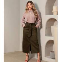 Premium Suede Midi Pencil Skirt With Sash Belt, Side Zipper And Front Slit, Suitable For Evangelical Fashion, Parties, Evenings, Church Services, Offices, And More. New Arrival. - 軍綠色 - 查看 1