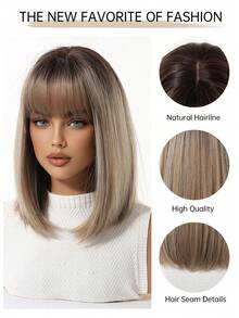 12 Inch Brown To Black Ombre Short Straight Bob Wig With Bangs, Heat Resistant Synthetic Fiber Fashion Wig Suitable For Daily Wear, Party, Cosplay, And Photo Shooting - Blonde Ombre - View 10