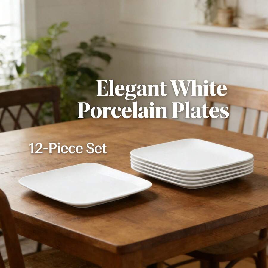 12pcs/Set White Soft Square Porcelain Salad Plates, Dishwasher & Microwave  Rounded Edge Plates For Daily Dining, Appetizer, Dessert & Party Use - Default - View 1