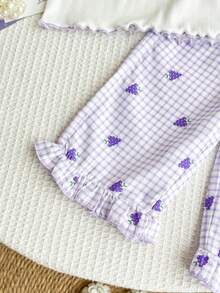 Girls Sweet 2 Pieces Embroidered Grape Plaid Ruffle Hem Outfit - Purple - View 5