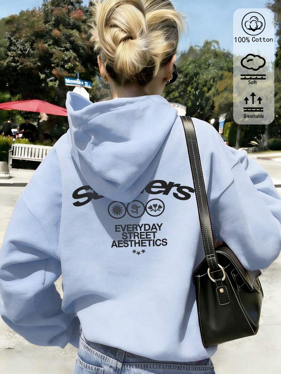 時尚圖案印花抽繩設計大尺碼寬鬆圓領運動衫,度假旅行海灘穿搭 - 天藍色 - 查看 1