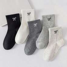 5双装女童可爱蝴蝶结短袜 - 柔软中筒袜，透气休闲日常穿搭袜套装，适合儿童和青少年 - 淺灰色 - 查看 2