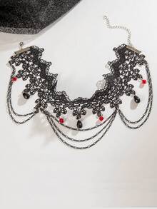 1pc Women's Sexy Multi-Layer Lace Tassel Choker Necklace, Gothic Dark Style Pendant Clavicle Chain - Multicolor - View 2