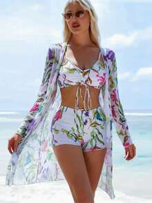 Three-Piece Floral Print Bikini Set, Boxer-Style Bottom With V-Neck And Long-Sleeved Cover-Up. - White - View 1