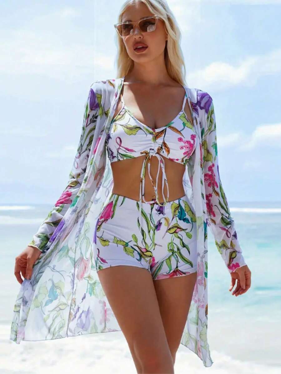 Three-Piece Floral Print Bikini Set, Boxer-Style Bottom With V-Neck And Long-Sleeved Cover-Up. - White - View 1