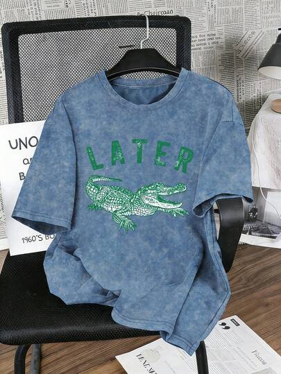 Áo thun nữ cỡ lớn, kiểu dáng thường ngày, in hình cá sấu xanh, họa tiết bông tuyết cổ điển, thích hợp mặc ngoài trời, áo nữ, trang phục mùa hè, in họa tiết đồ họa.