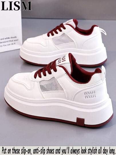 LISM 1 Pair Women's Casual White & Red Contrast Color Platform Mesh Sneakers, 2026 Spring, 5cm Thick Sole Design, Visually Elongates Legs, Slimming & Elevating, Breathable Mesh Material, Retro Casual Style, Versatile For Daily Wear