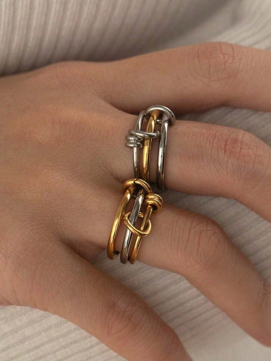 1pc 18K Gold Plated Creative Interlocking Round Rings Thick Stainless Steel Multi-Layer Ring, Perfect Jewelry Gift, Suitable For Women's Daily Wear - Ring - View 1