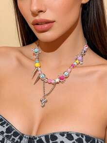 Collar de dopamina Y2K, collar de caramelos coloridos para mujeres, collar decorativo con cuentas de estrellas y lunas, joyería de flores de resina hecha a mano, adecuado para niñas jóvenes - vistoso - Ver 10