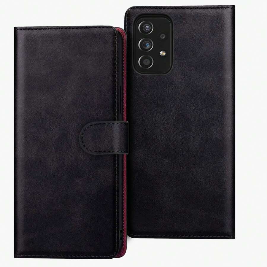 适用于三星 Galaxy A52 / A52s 的黑色 PU 皮革钱包式翻盖保护套，带支架和卡槽 - 黑色 - 查看 1