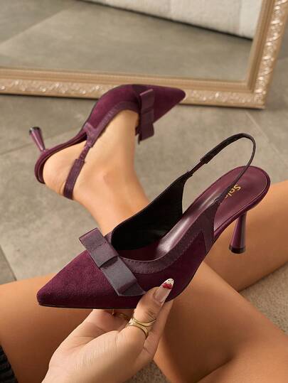 solecraft Women's Pointed Toe Solid Color Bowknot Backless Buckle Strap High Heel Pumps, Suitable For Commuting, Party And Banquet, Spring/Summer