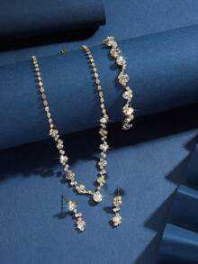 Bộ trang sức pha lê lấp lánh dành cho nữ - Bao gồm dây chuyền mắt xích mảnh mai, vòng tay và bông tai dáng dài, thích hợp cho đám cưới, tiệc tùng, dạ hội và sử dụng hàng ngày. - Vàng - Xem 2