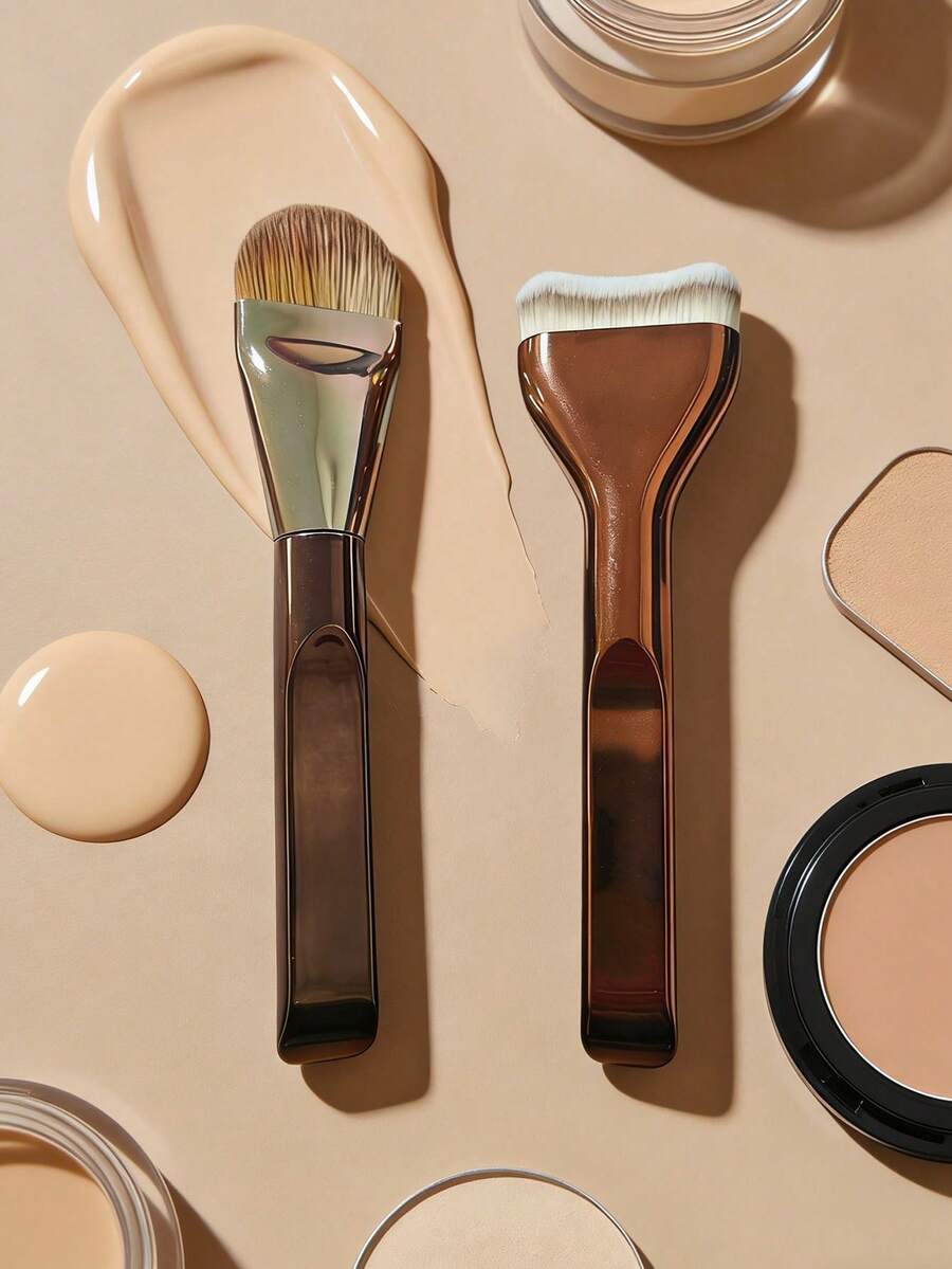 2pcs Smooth Portable Travel Makeup Brush Set, Glossy Premium Quality, Professional Foundation, Face, Setting And Detail Brushes; Suitable For Foundation, Concealer, Blush, Contour, Bronzer And Powder; Excellent Gift For Women And Girls, Birthday Present