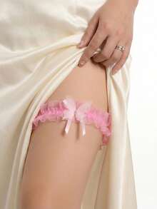 欧美新娘婚礼流行粉色蕾丝边蝴蝶结吊袜带性感腿链 - 粉色 - 查看 7