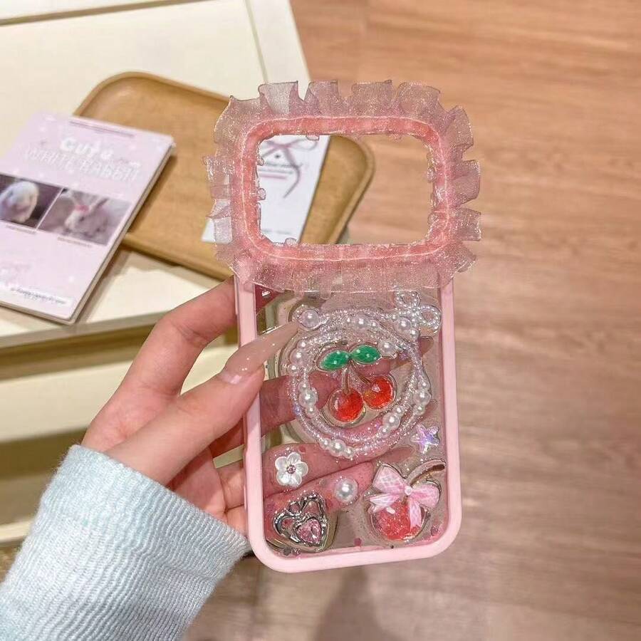 新款奢华蕾丝珍珠蝴蝶结樱花爱心花手机壳，兼容 17 Pro Max、17 Pro、16 Pro Max、15 Pro、17 Air、14 Plus、13 Pro，防震保护套 - 粉色 - 查看 1