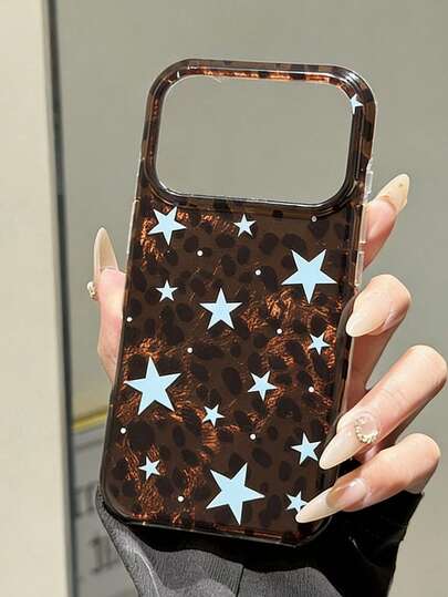 奢华闪亮棕色豹纹蓝色星星美拉德风格手机壳，兼容 17 Pro Max Air 16 15 14 13 12 11 Pro Max Plus，甜美酷炫女孩渐变底部防震后盖