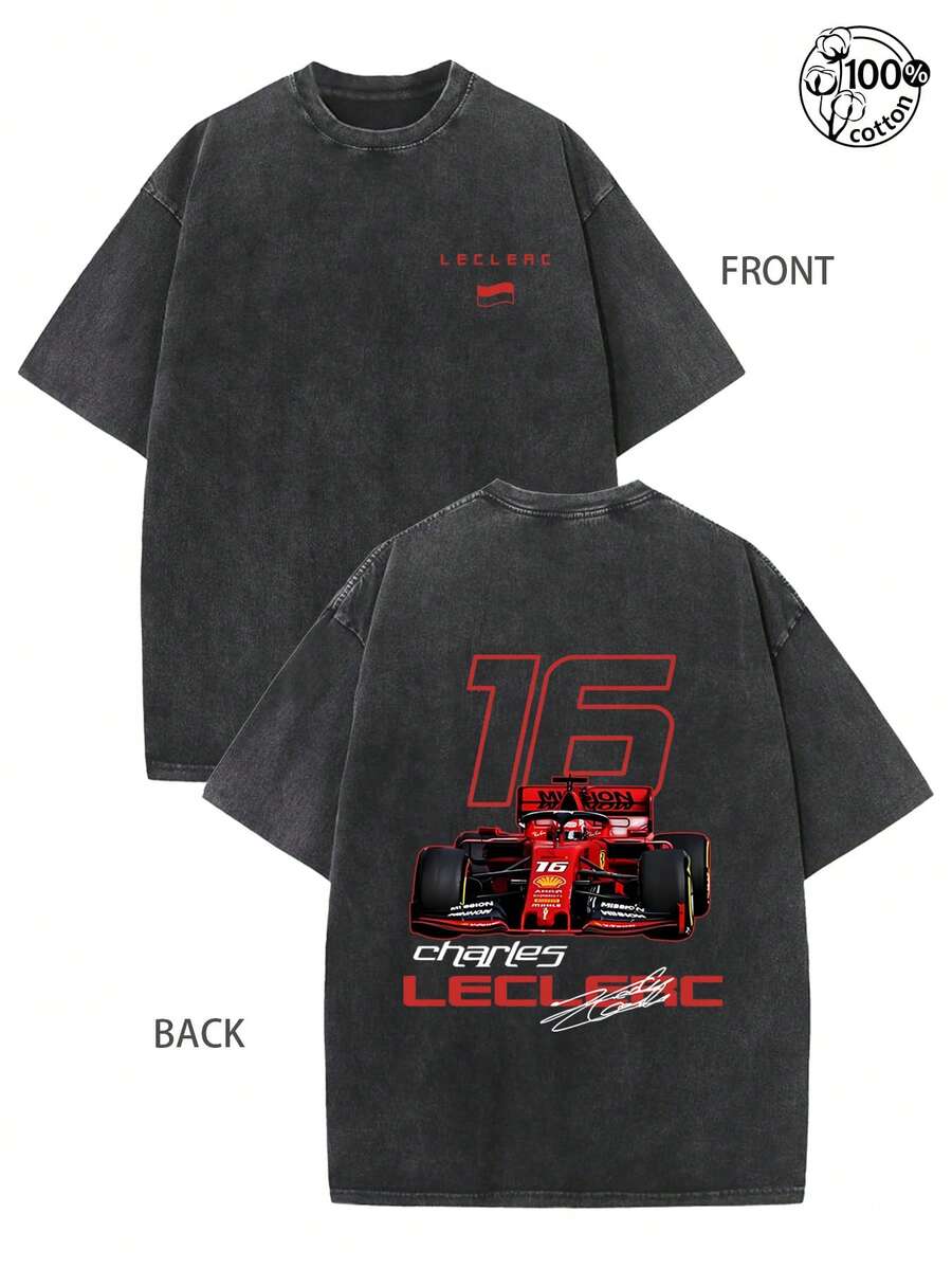 Charles Leclercs FormulaOne Sweatshirt, F1 Shirt, F1 Two Sides Shirt, Charles Leclercs Shirt, Charles Leclercs F1 Shirt, Charles Leclercs 16 , Vintage Wash Pattern T-Shirt For Men, 230G Washed Cotton High-Quality Cotton Printed Men's T-Shirt, Vintage Washed T-Shirt, Men's Clothing, Suitable For Daily Wear, Street Retro And Outdoor Sports And Leisure, All Cotton T-Shirt - 黑色 - 查看 1