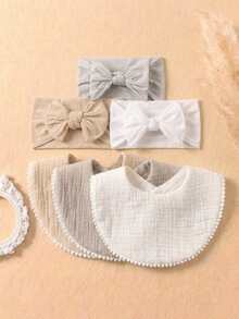 Set de 6 baberos de gasa de algodón de colores caramelo + Set de 6 diademas suaves y amigables con la piel de colores caramelo para bebé, adecuado para uso diario en todas las estaciones - Multicolor - Ver 3