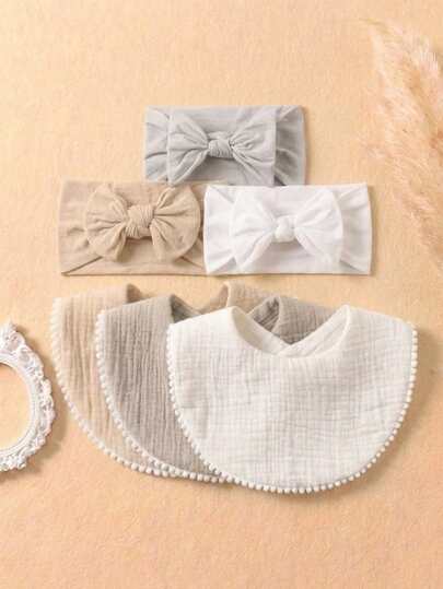 6条糖果色棉纱布可爱婴儿围兜+6条糖果色柔软亲肤婴儿发带套装，适合四季日常使用