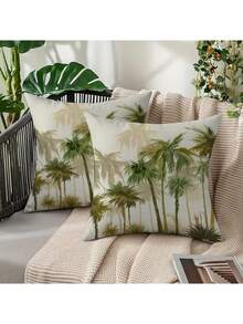 2 fundas de almohada con estampado de árbol de coco verde, bola bordada blanca, adecuadas para diversas cubiertas de cojín - Decoración de habitación - Decoración de dormitorio - Decoración de vacaciones - Decoración de fiesta - (Inserto de almohada no incluido) - (Sin bordado) - (Varios tamaños) - (Impresión de un solo lado) - 2pcs - Ver 11