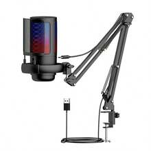动圈麦克风套装，带降噪功能，播客麦克风，带可调节支架，独立音量控制，游戏麦克风，带静音、增益旋钮、音量控制和悬臂支架，适用于直播、游戏、配音，黑色 - 黑色 - 查看 10