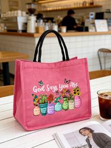 New Floral & Letter Print Handbag With Zipper Pouch, Women's Versatile Tote Bag, Portable Casual Handbag, Suitable For Birthday, Party, Holiday Gifts; Christian-Themed Tote Bag And Cosmetic Bag Set, Vacation-Style Letter Design Handbag, Suitable For Wedding, Birthday, Beach, Holiday, Best Gift For Family And Friends - Multicolor - View 2