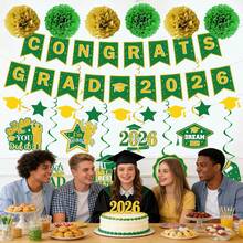 Graduation Party Decorations 2026 - 17 Pcs Green And Gold Congrats Grad Themed Supplies Favors For School Class Of 2026 Pre-Strung Banner Garland Hanging Swirls Paper Pom Poms Decor Set - 綠色和金色 - 查看 2