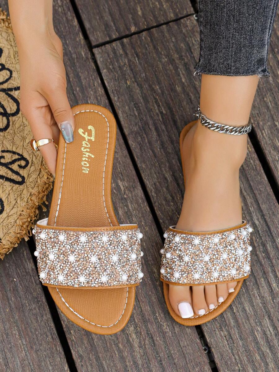 女士平底凉鞋，夏季单带水晶鞋，圆头皮革低跟平底鞋，露趾舒适穆勒鞋，棕色休闲鞋，蓝色户外凉鞋，优雅拖鞋 - 卡其色 - 查看 1