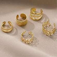 5 Peças Conjunto de Brincos Ear Cuff de Liga de Aço Inoxidável, Brincos de Cartilagem Falsa, Clipes de Orelha Ajustáveis Sem Piercing, Adequados para Férias, Uso Diário, Festa, Presente - Dourado - Visão 2