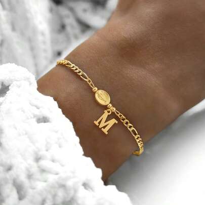 1pc New Classic Oval Mary Mama Initial Pendant Golden Stainless Steel Figaro Chain Bracelets For Women