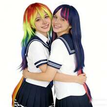 长直深蓝色假发，带粉色挑染和彩虹渐变色，配有可拆卸马尾辫，多色直发，耐热合成纤维，自然刘海，适合女性，可用于动漫展、节日派对和日常佩戴，易于佩戴和造型，是卡通迷和时尚爱好者的绝佳礼物。 - 彩色 - 查看 3