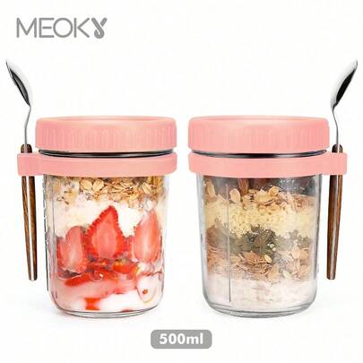16oz/500ml [1/2 Pack] Overnight Oats Mason Jar With Spoon Lid, Sealed Oatmeal Container With Measurement Markings, Portable Cereal Mason Jar