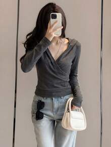 Cross V-Neck Long Sleeve Hoodie T-Shirt, Fitted & Slimming, Zipper Front - Grey - View 6