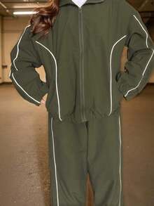 Women's Casual Sports Tracksuit, Zip-Up Jacket And Pants Set For Running, Outdoor, Hiking, Fitness - 軍綠色 - 查看 3