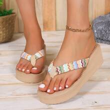 Women's Hemp Rope Flip Flops, 5cm Thick Heel, Non-Slip Wear-Resistant Casual Beach Holiday Summer Platform Wedge Sandals - Apricot - View 14