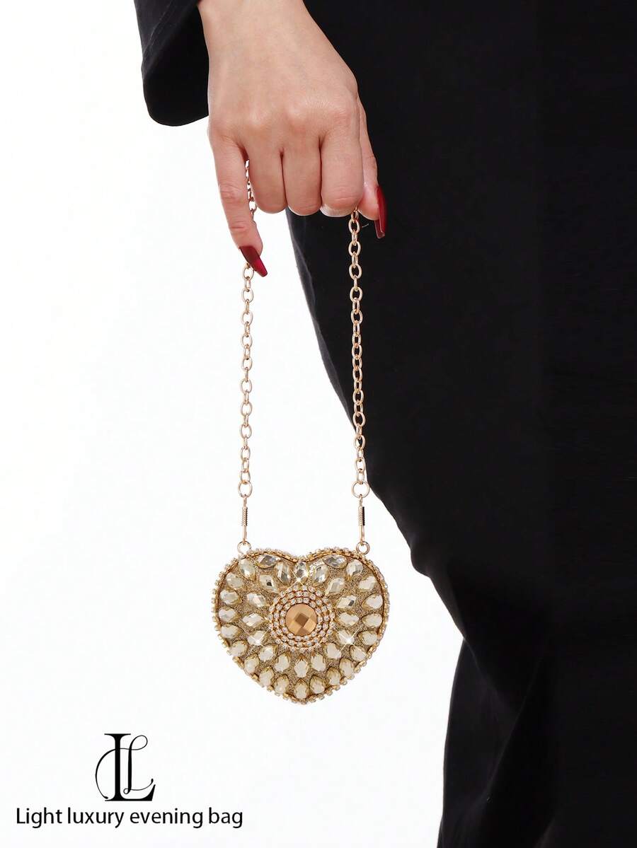 Funkelnde vintage Kristall-besetzte Mini-Herzform Lippenstift-Etui, elegante Damen-Clutch, Umhängetasche, Münzbeutel, Kettentasche, passend für Outfit-Kombinationen, Hochzeit, Party, Abschlussball, Geburtstags- und Urlaubsgeschenk