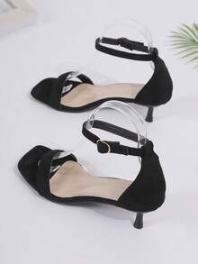 Summer French Style Mini Heeled Sandals, Square Toe Strap Design, Versatile Commuting & Dating Women Shoes - Black Back - View 7