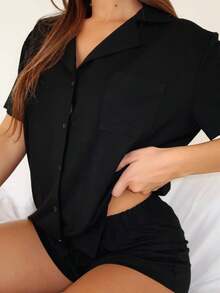 Women's 2 Piece Pajama Set Short Sleeve Button Down Collared Top And Elastic Waist Shorts Loungewear Set Sleepwear - màu đen - Xem 3
