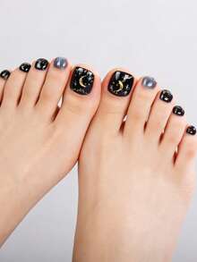 34Pcs Spring/Summer Blue Black Marble Pattern UV Free Gel Toe Nail Strip,Silver Glitter Golden Foil Personalized Light Luxury Style Style Toe Nail Stickers, Self-Adhesive Easy To Apply,Suitable For Women And Girls Home DIY Manicure - Dusty Blue - View 2