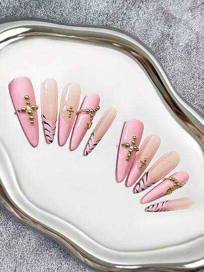 Y2K 法式风格 40mm 长透明尖头美甲，手工制作精致粉色时尚人造指甲，适合派对、户外、海滩、日常、度假、聚会、工作和特殊场合 - 10片/包