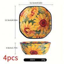 2/4Pcs Sunflower Pattern Ceramic Seasoning Dishes, Square Design Dipping Bowls For Sauce, Soy Sauce, Sushi, Kitchen & Restaurant Supplies - Multicolor - View 4