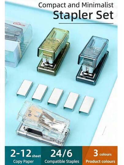 1 Set Fashionable Transparent Mini Stapler + 1000pcs Staples - Office Stapler, Student Stationery, File Organizer, Part Of Our Creative Stationery Series, Desktop Decor, Study & Organization Essential, Back To School Gift, Stationery, Office Supplies