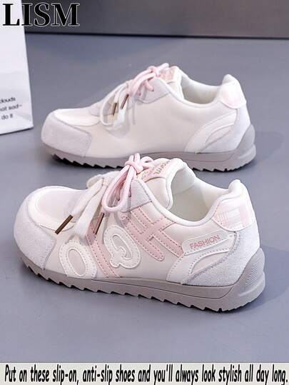 LISM 1 Pair Women's Casual Bicolor Beige & Light Blue Sneakers, 2026 New Spring Cartoon Letter Retro Soft Girl Style Versatile Vulcanized Shoes