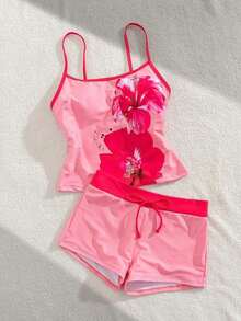 Women's Swimsuit Camisole, Elegant Sexy Ocean Print Lobster Crab Turtle Starfish Hibiscus Triangle Swimwear, Women's Crop Top With Built-In Bra Camisole Set, Suitable For Vacation, Beach, Pool And Sports, Autumn/Winter 2026 Spring/Summer, Music Festival, Basic, Graduation Ceremony, Women's Camisole And Spaghetti Strap Beach Outfit - 粉色 - 查看 9